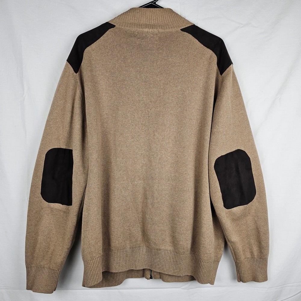 Roundtree & Yorke Mens XL Full Zip Sweater Beige Suede Accents Casual Cardigan